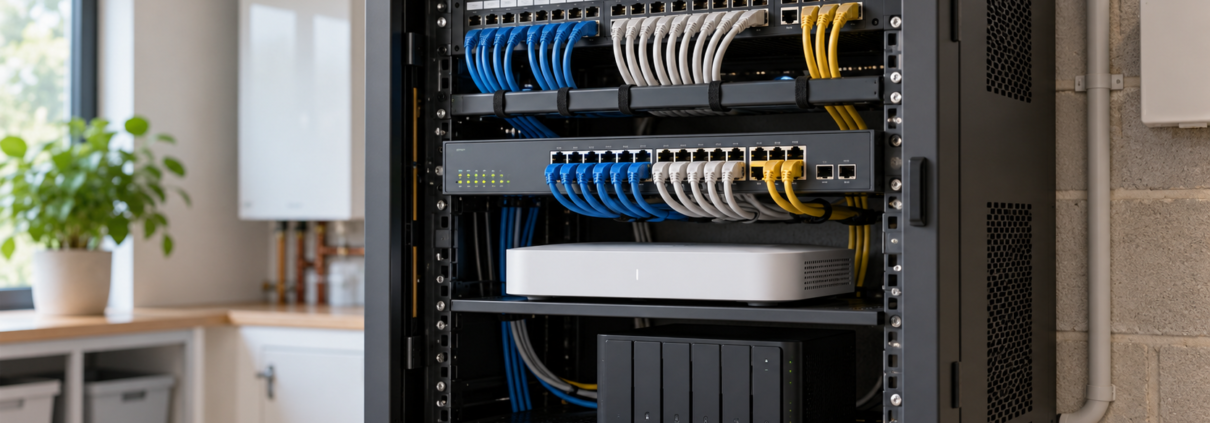Residential network rack Residential network rack with a patch panel, network switch and neatly arranged cables.
