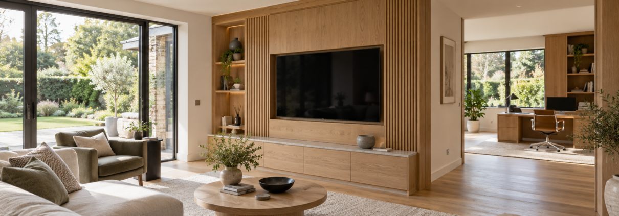 Modern living room with an integrated TV, ceiling-mounted Wi-Fi access point and adjoining home office. Illustrated