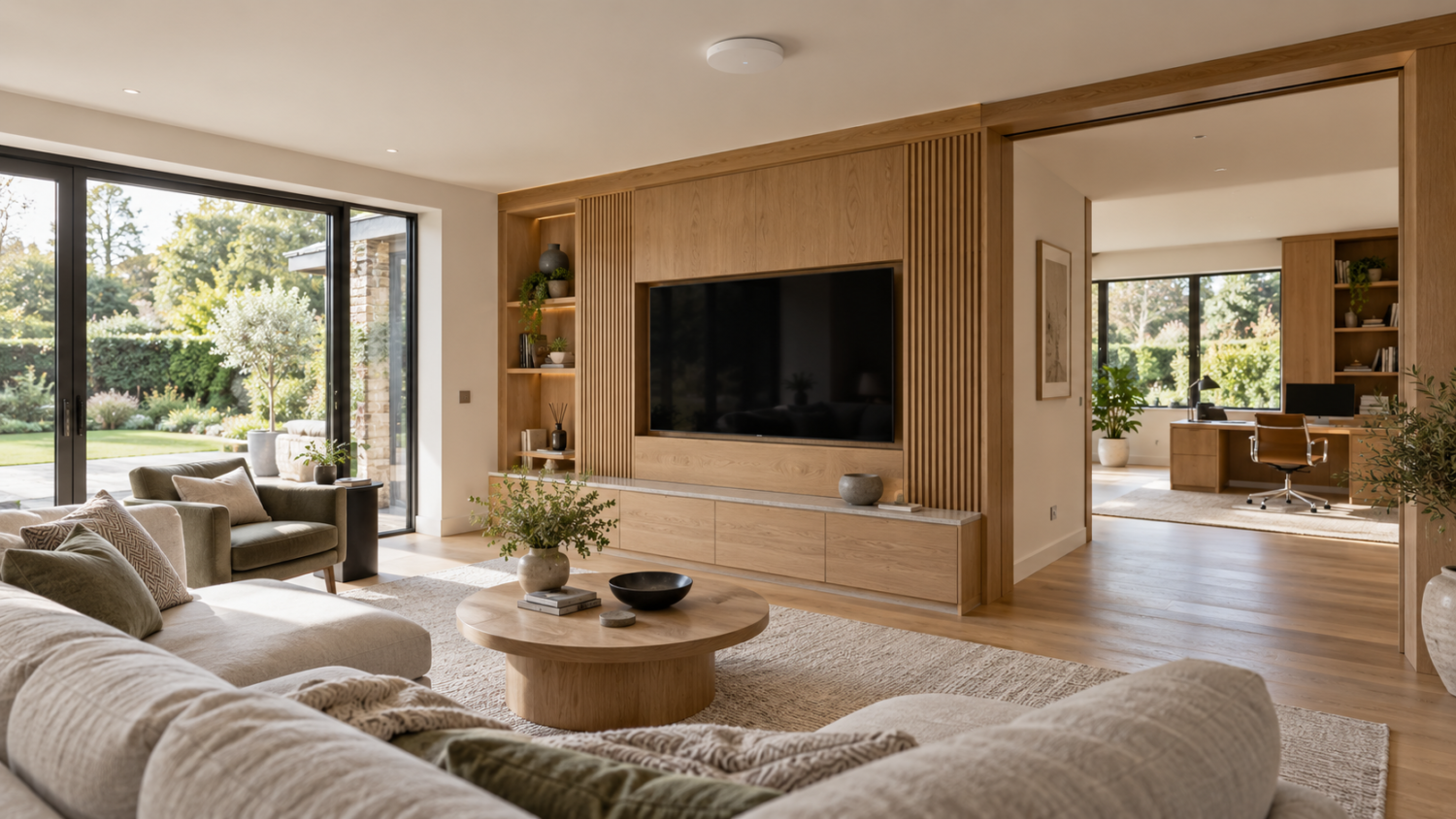 Modern home network hero Modern living room with an integrated TV, ceiling-mounted Wi-Fi access point and adjoining home office. Illustrated