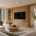 Modern living room with an integrated TV, ceiling-mounted Wi-Fi access point and adjoining home office. Illustrated