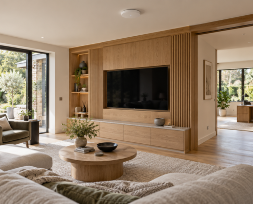 Modern living room with an integrated TV, ceiling-mounted Wi-Fi access point and adjoining home office. Illustrated