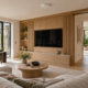 Modern living room with an integrated TV, ceiling-mounted Wi-Fi access point and adjoining home office. Illustrated